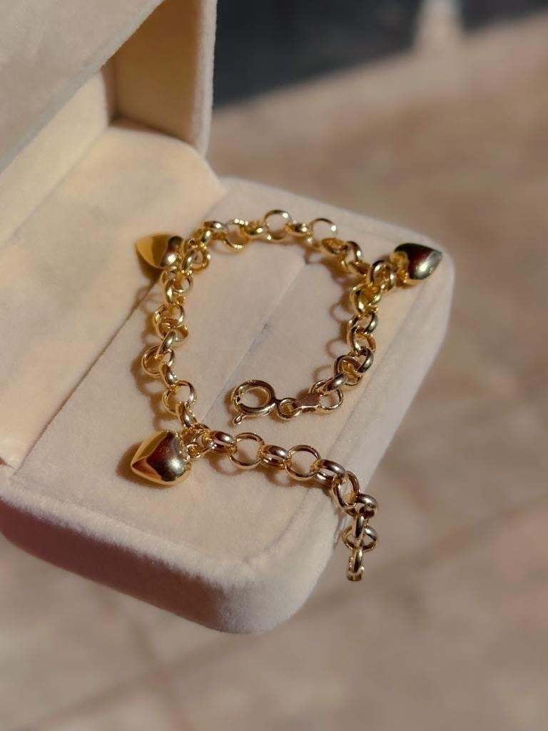Pulseira elo português corações ouro 18k