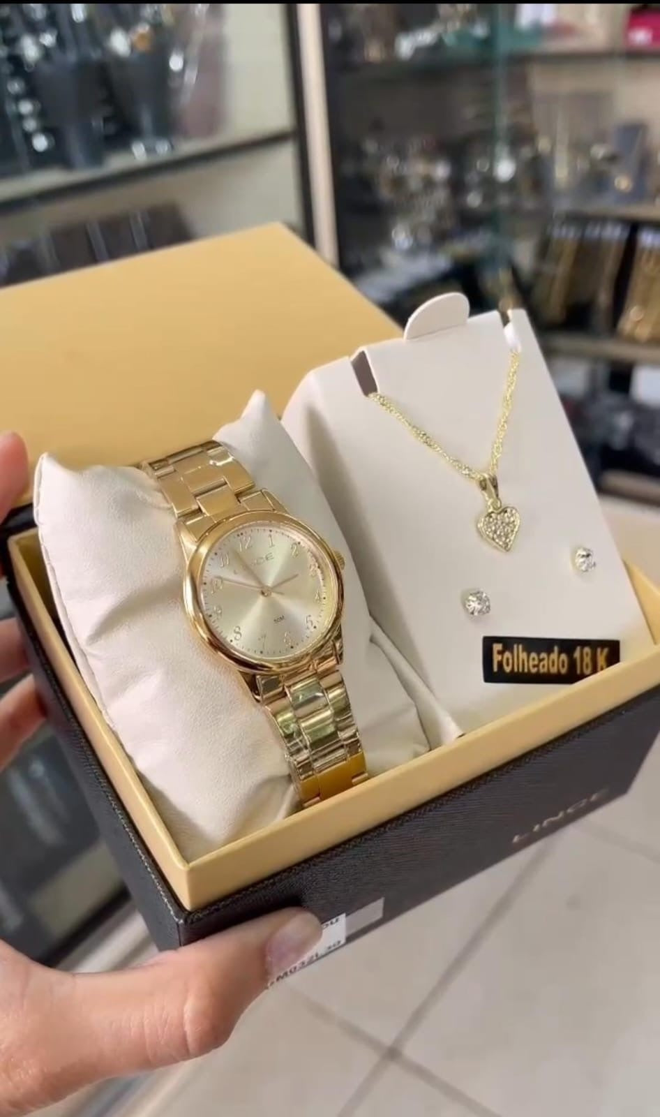 Relógio lince e conjunto coração cravejado folheado