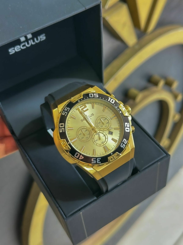 Relógio Seculus dourado e preto