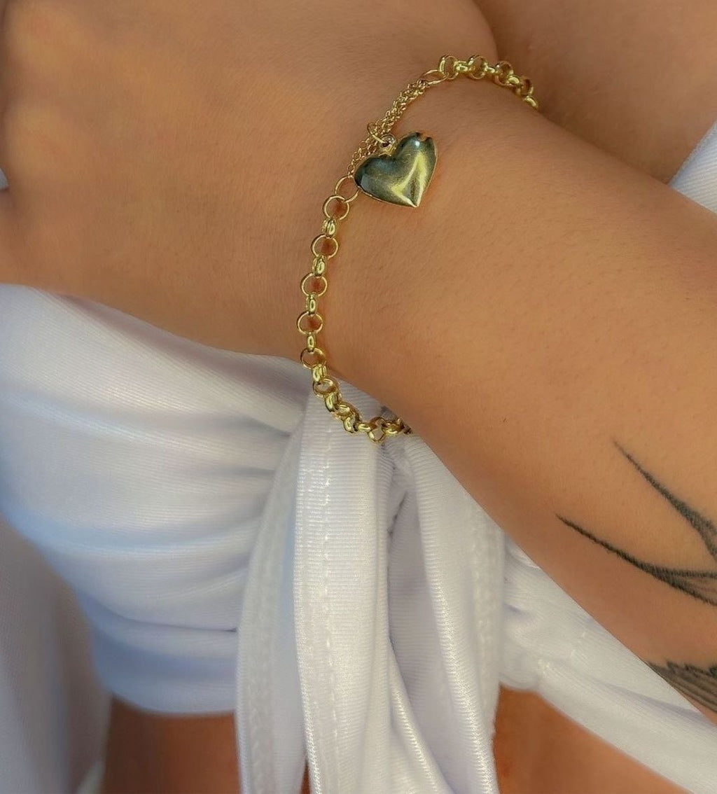 Pulseira elo português coração ouro 18k