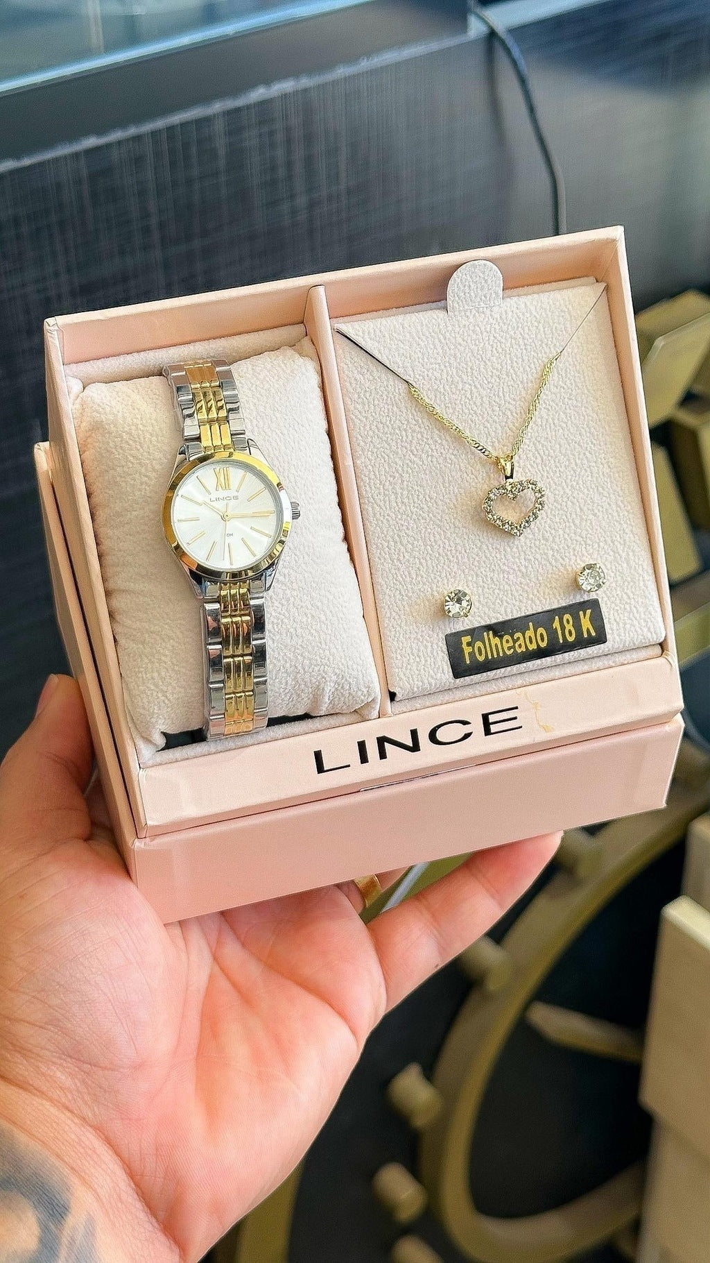 Relógio lince e conjunto folheado a ouro 18k