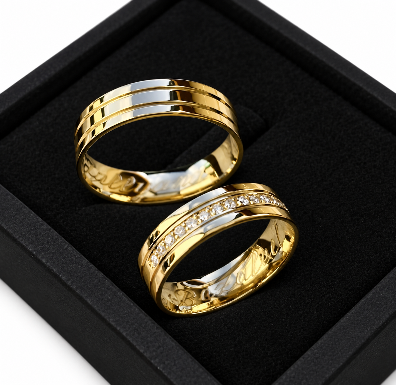 Aliança quadrada cravejada 5mm ouro 18k