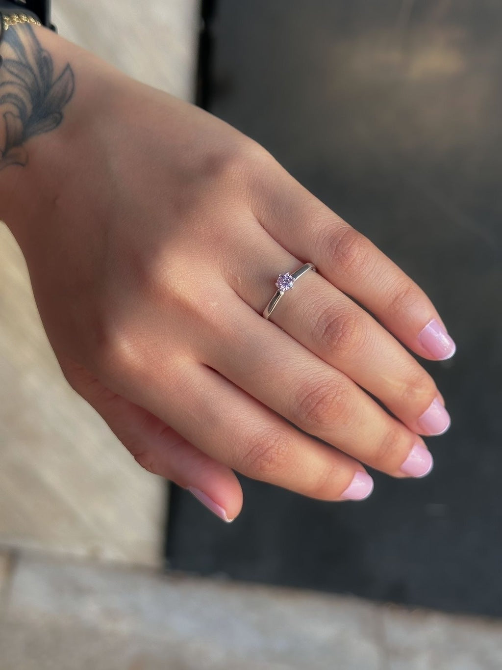 Anel solitário rosa prata 925