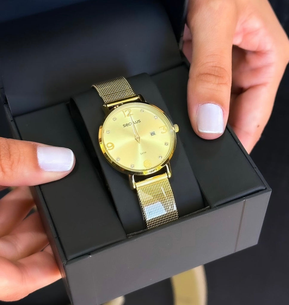 Relógio Seculus esteira dourado