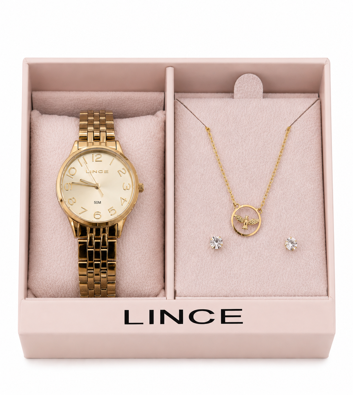 Relógio Feminino Lince Dourado com Kit Colar e Brincos